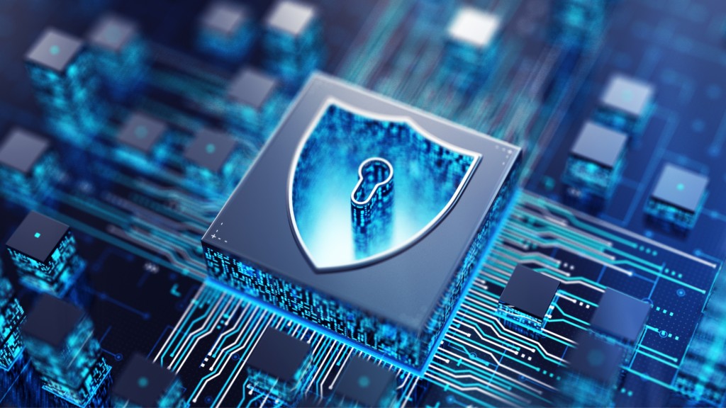Cybersecurity for SME’s – digital shield icon securing sensitive data across a network
