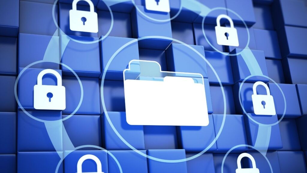 Secure file storage and transfer illustration with folder and padlock icons, symbolising encrypted business data protection.