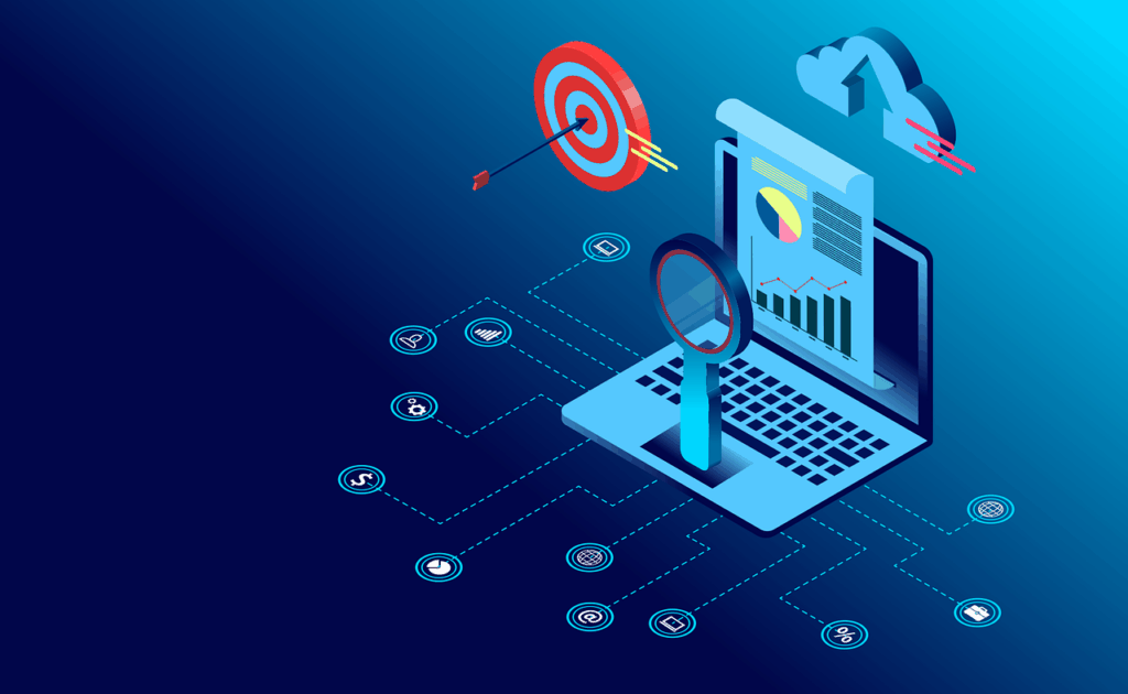Illustration of data analytics and cloud computing: A stylised digital illustration showing a laptop with charts, a magnifying glass, a target with arrows, cloud upload symbol, and various digital data icons connected in a network.
