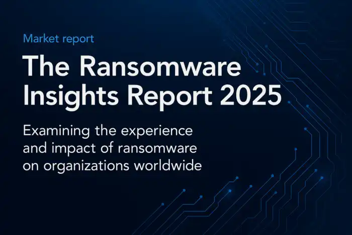 Cover image of the Ransomware Insights Report 2025, featuring a dark blue background with glowing circuit lines and white bold text examining the impact of ransomware on organisations worldwide.