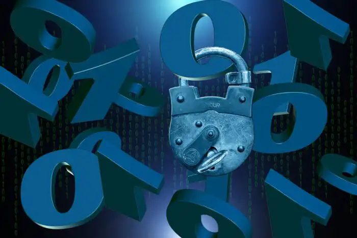 Zero trust cyber security concept with digital padlock and binary data background