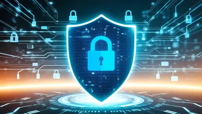 Cybersecurity protection for small business showing digital shield, lock and network security systems