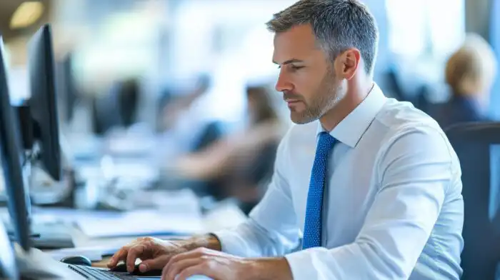 Business professional working at a computer to help protect against small business ransomware attacks.
