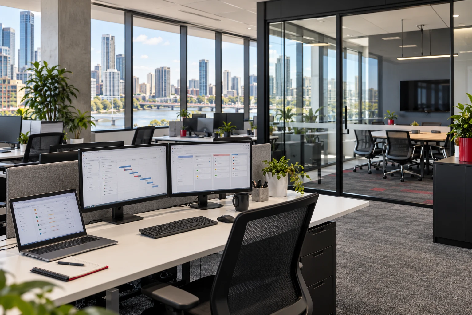 Illustrative Brisbane office with organised computer workstations and a city outlook.